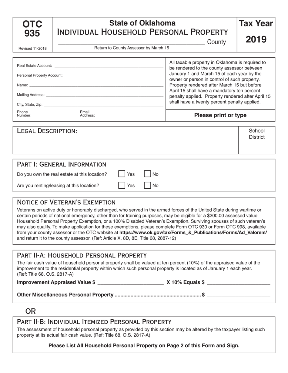 OTC Form OTC935 Individual Household Personal Property - Oklahoma, Page 1