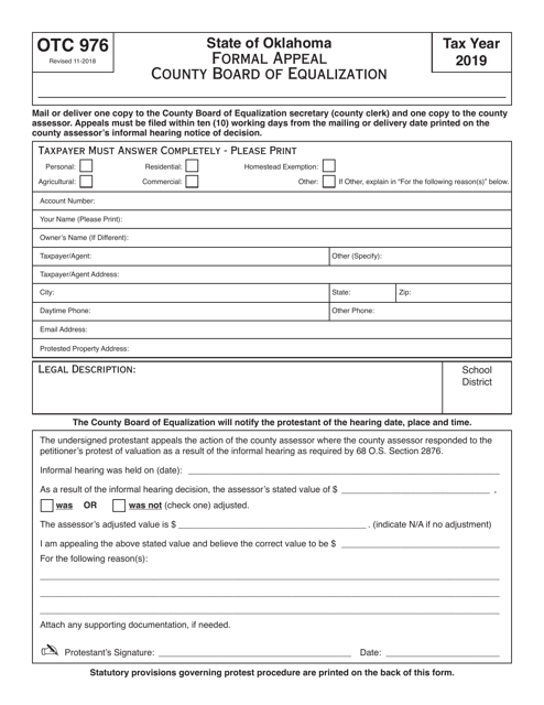 OTC Form OTC976 County Board of Equalization Formal Appeal - Oklahoma, 2019