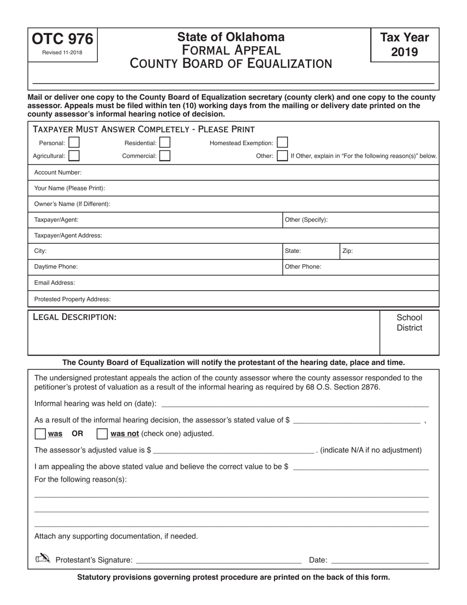 OTC Form OTC976 County Board of Equalization Formal Appeal - Oklahoma, Page 1