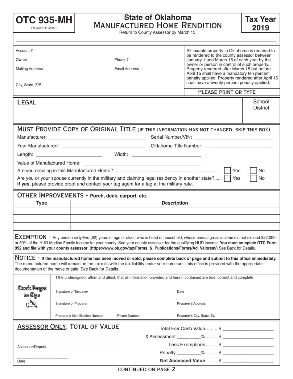 OTC Form OTC935-MH Manufactured Home Rendition - Oklahoma, Page 1