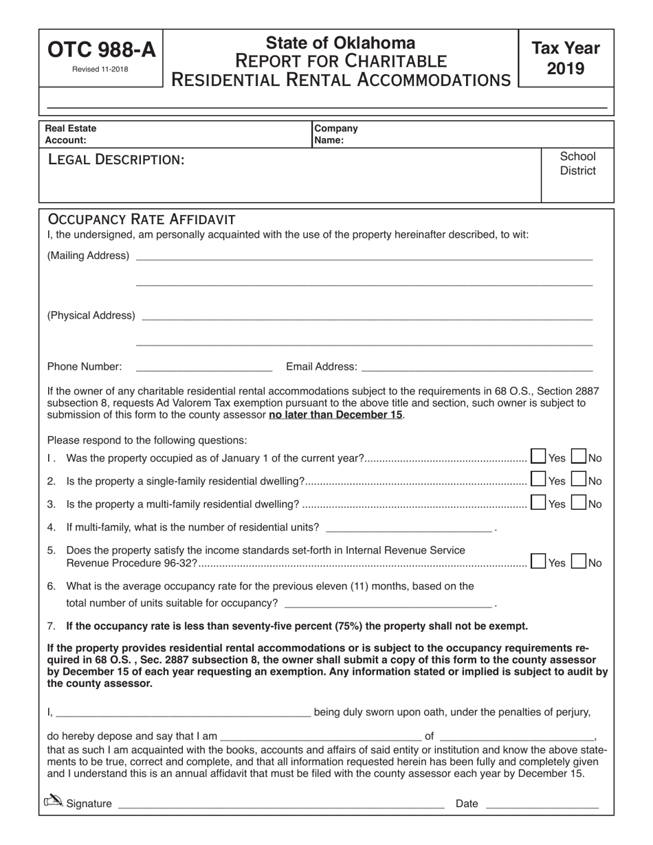 OTC Form OTC988-A Report for Charitable Residential Rental Accommodations - Oklahoma, Page 1