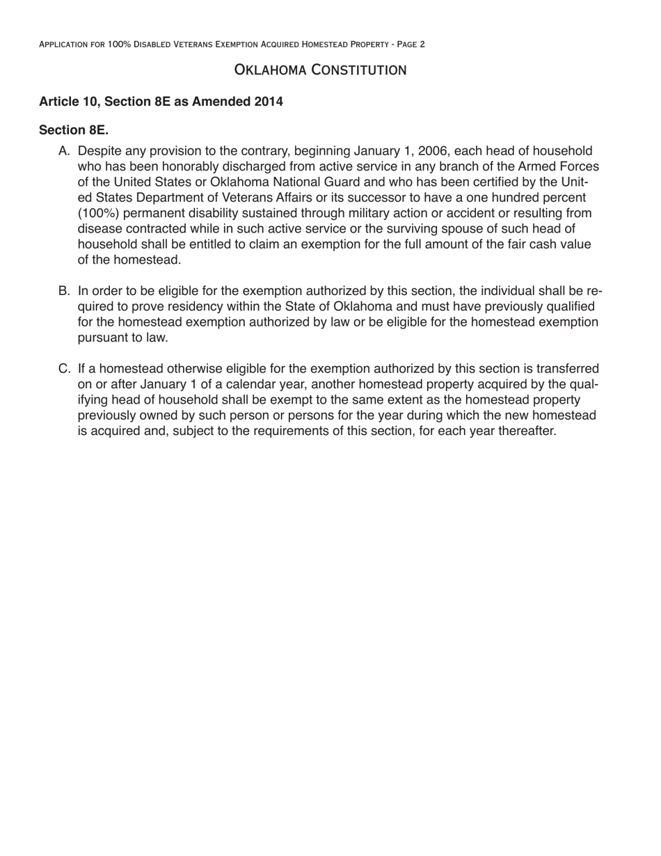 OTC Form 998-B Application for 100% Disabled Veterans Exemption Acquired Homestead Property - Oklahoma, Page 2