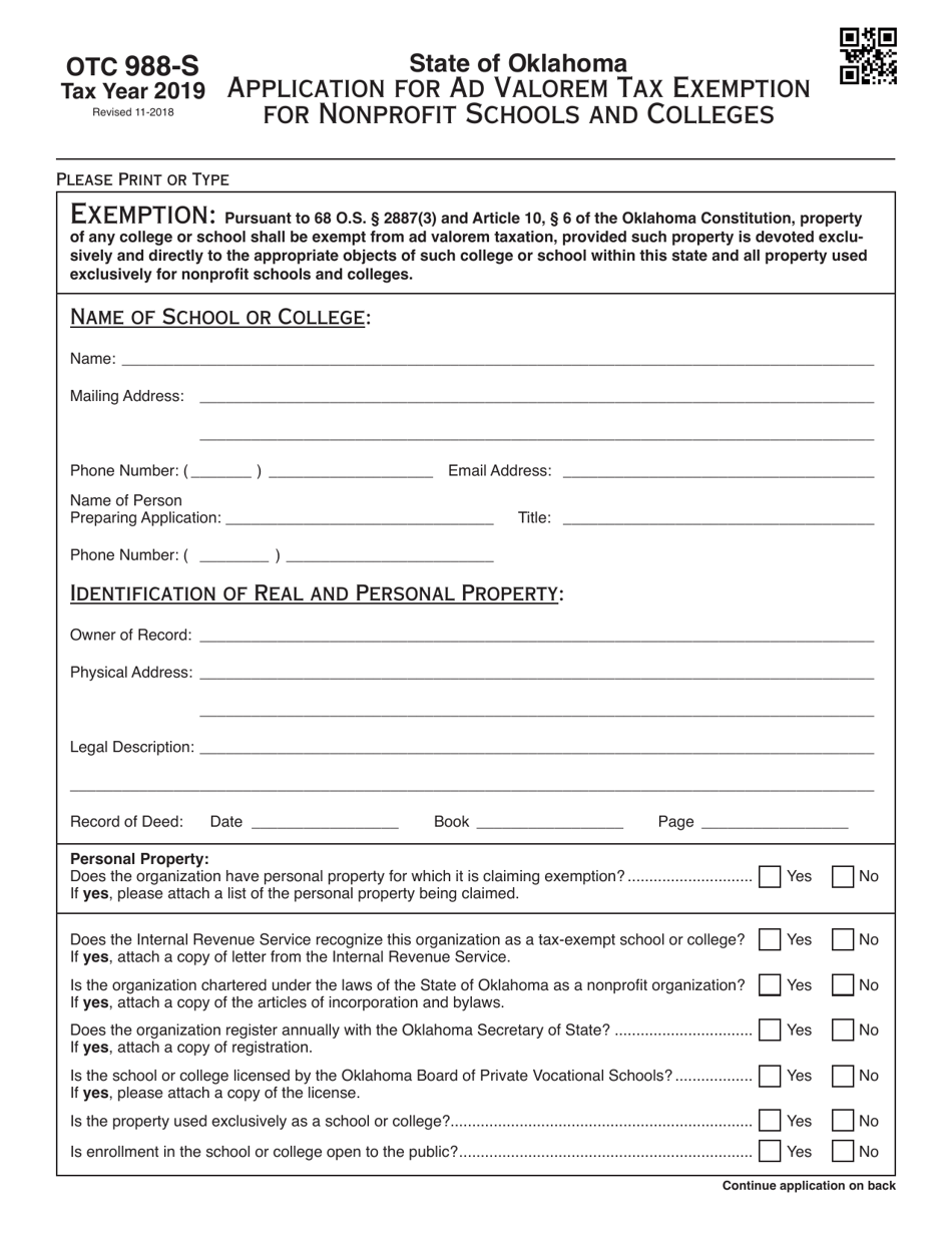 OTC Form OTC988-S Application for Ad Valorem Tax Exemption for Nonprofit Schools and Colleges - Oklahoma, Page 1
