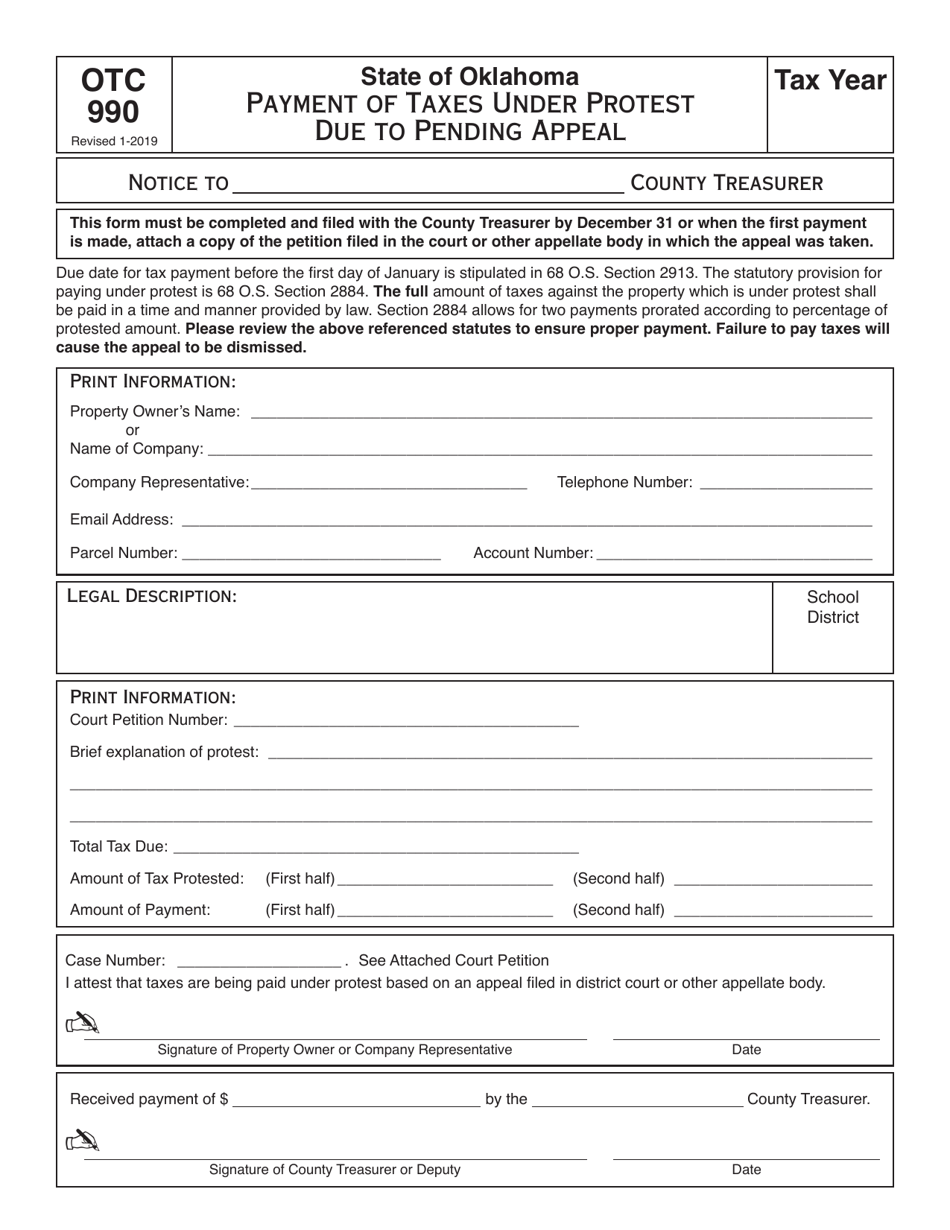 OTC Form OTC990 Payment of Taxes Under Protest Due to Pending Appeal - Oklahoma, Page 1