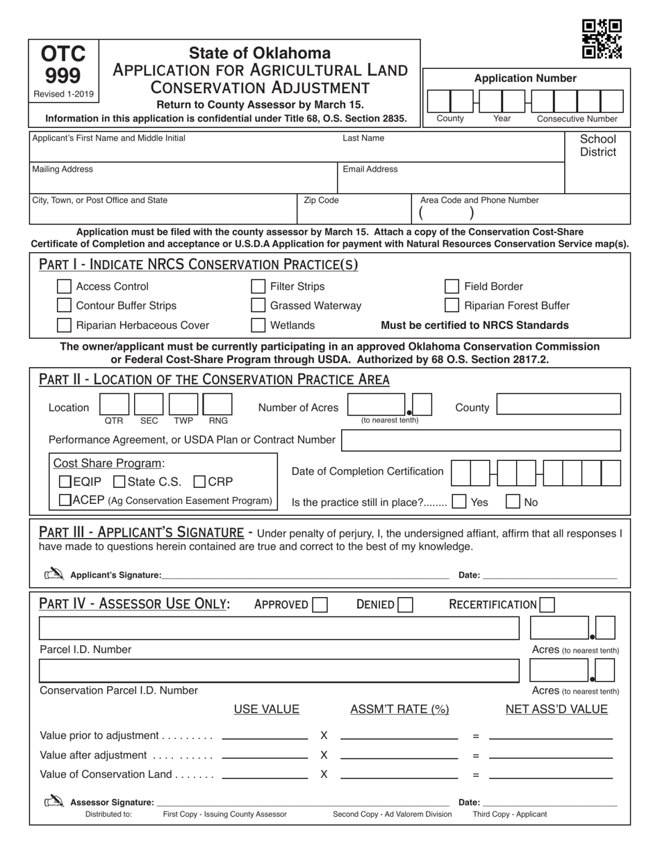 OTC Form OTC999 Application for Agricultural Land Conservation Adjustment - Oklahoma, Page 1