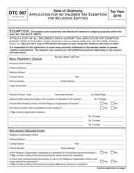 Document preview: OTC Form OTC987 Application for Ad Valorem Tax Exemption for Religious Entities - Oklahoma, 2019