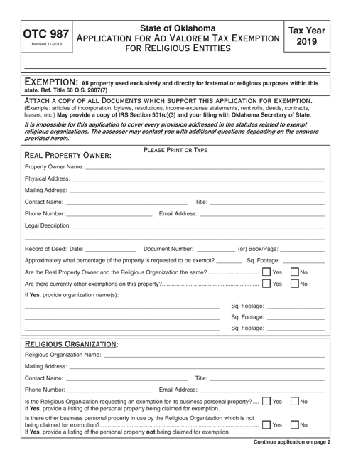 OTC Form OTC987 Application for Ad Valorem Tax Exemption for Religious Entities - Oklahoma, 2019