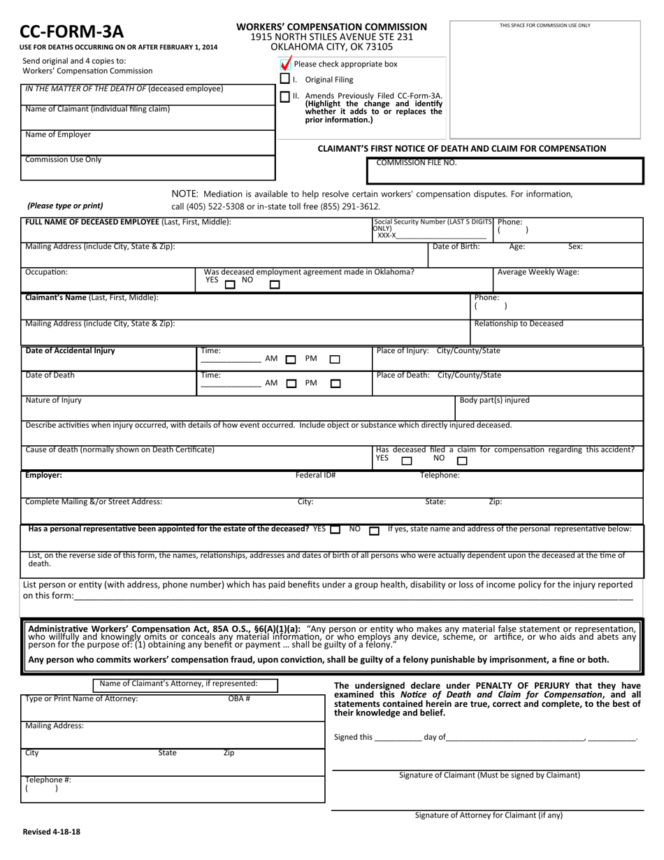 CC- Form 3A Claimants First Notice of Death and Claim for Compensation - Oklahoma, Page 1