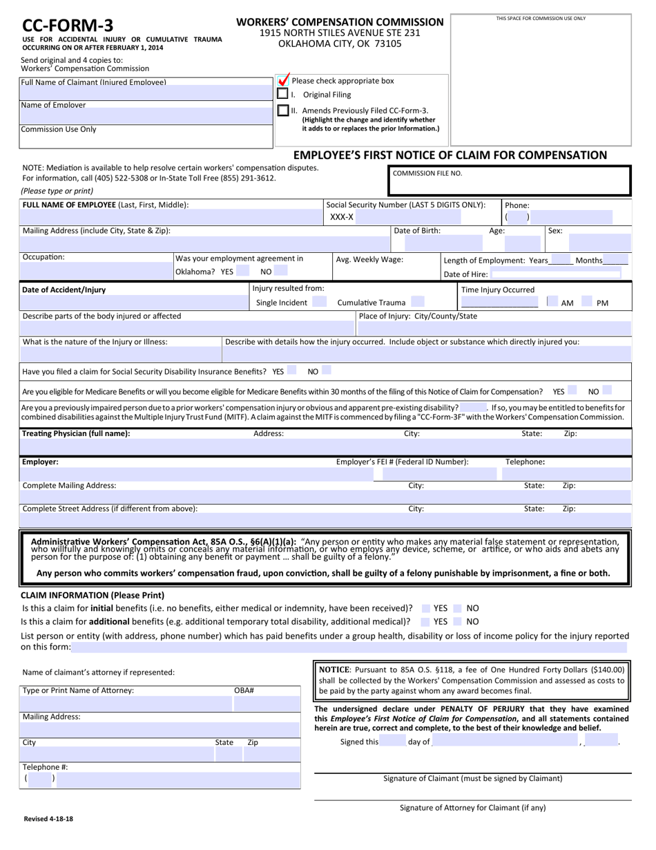 CC- Form 3 Employees First Notice of Claim for Compensation - Oklahoma, Page 1