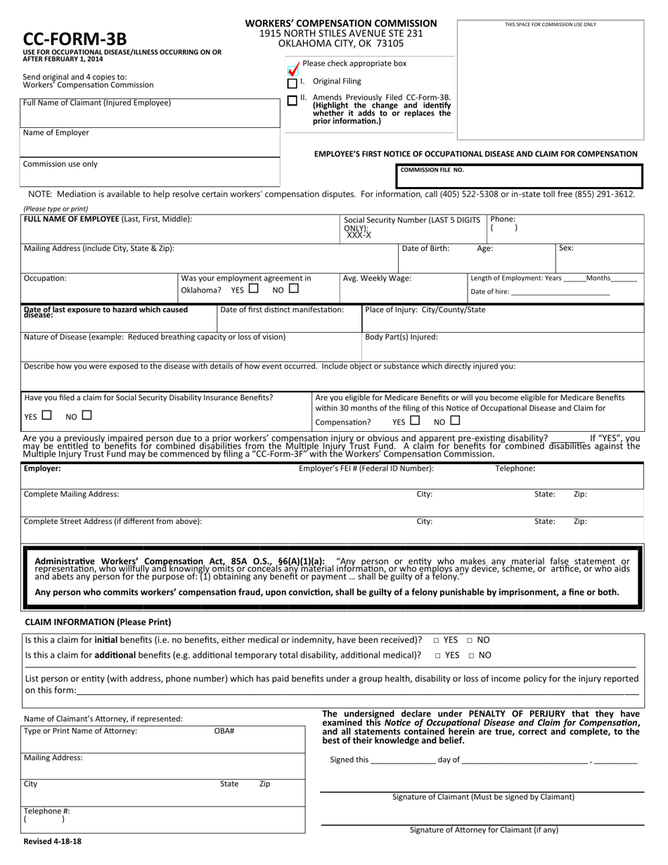 CC- Form 3B Employees First Notice of Occupational Disease and Claim for Compensation - Oklahoma, Page 1