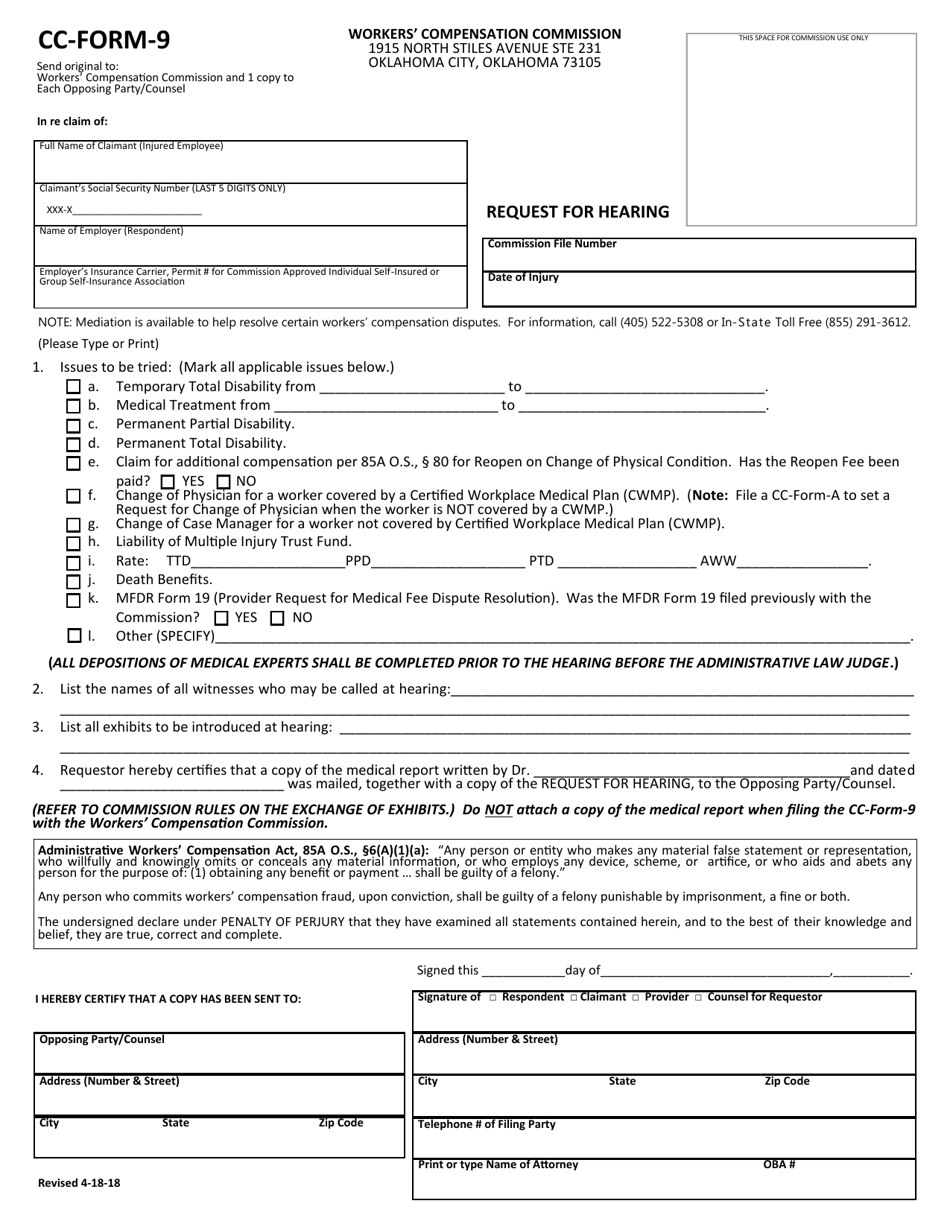 CC- Form 9 - Fill Out, Sign Online and Download Fillable PDF, Oklahoma ...