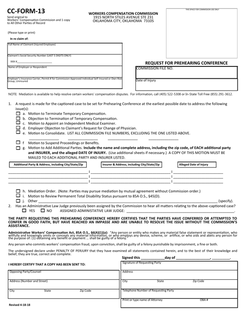 CC- Form 13 Request for Prehearing Conference - Oklahoma