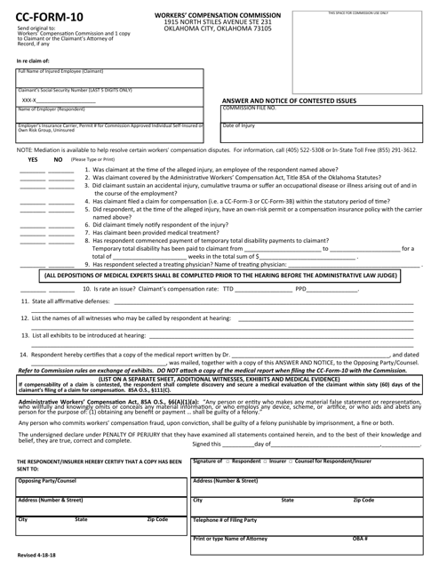 CC- Form 10 Answer and Notice of Contested Issues - Oklahoma