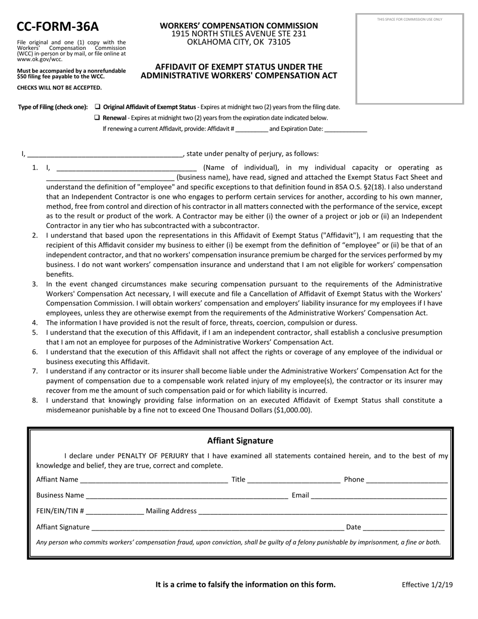 CC- Form 36A Affidavit of Exempt Status Under the Administrative Workers Compensation Act - Oklahoma, Page 1