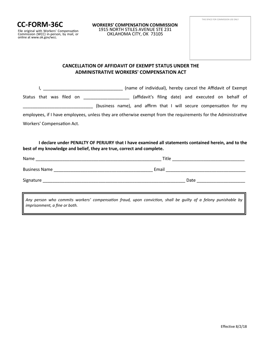 CC- Form 36C Cancellation of Affidavit of Exempt Status Under the Administrative Workers' Compensation Act - Oklahoma, Page 1