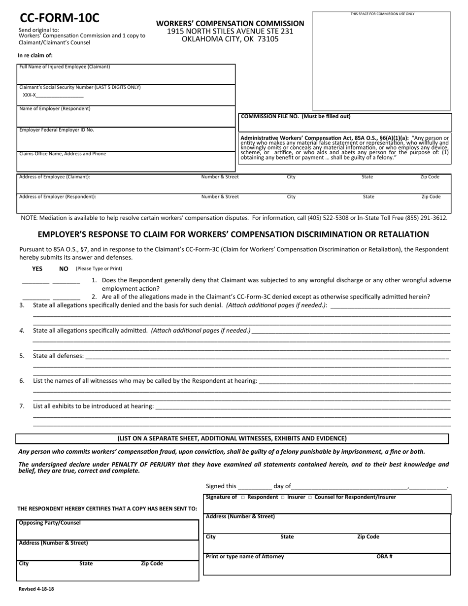 CC- Form 10C Employer's Response to Claim for Workers' Compensation Discrimination or Retalation - Oklahoma, Page 1