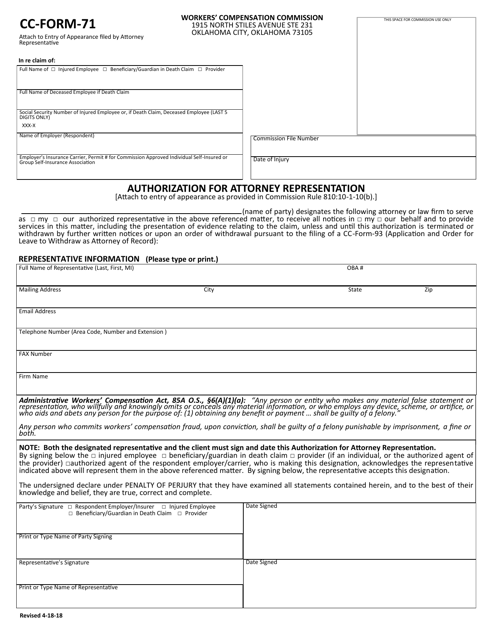 CC- Form 71 Authorization for Attorney Representation - Oklahoma