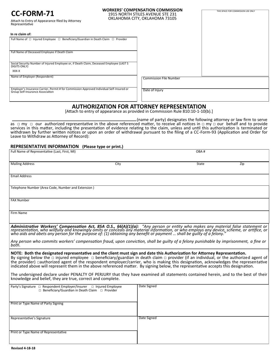 CC- Form 71 Authorization for Attorney Representation - Oklahoma, Page 1