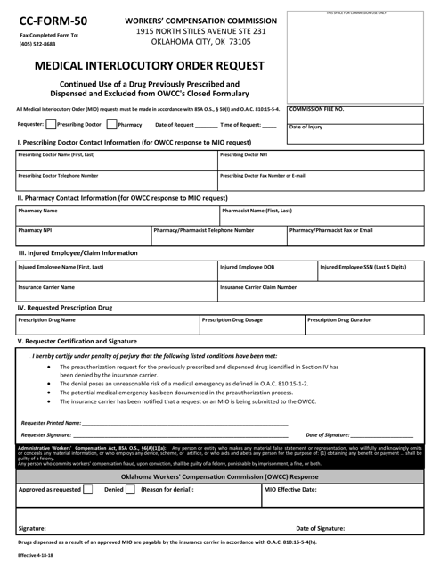 CC- Form 50 Medical Interlocutory Order Request - Oklahoma