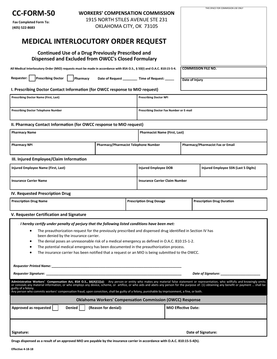 CC- Form 50 Medical Interlocutory Order Request - Oklahoma, Page 1