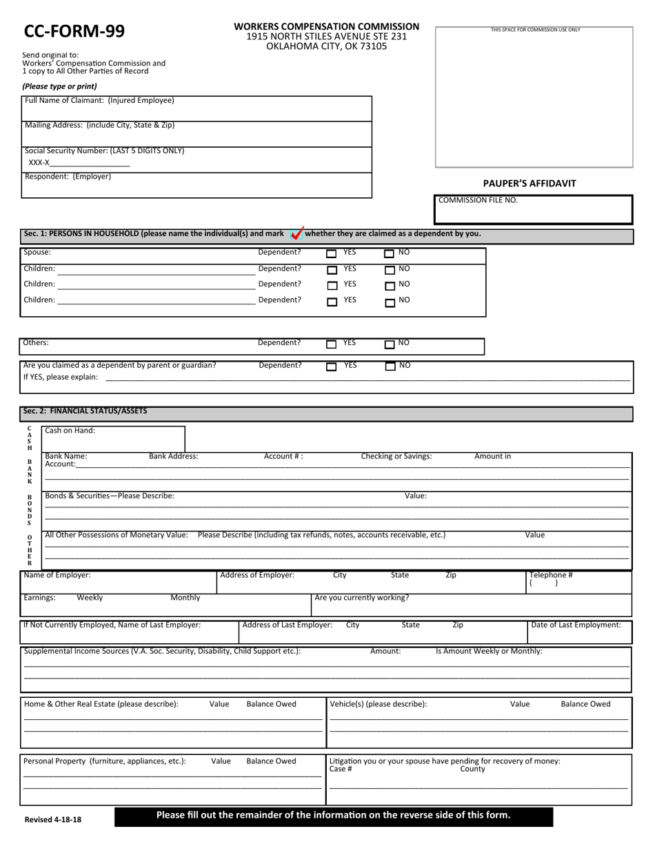 CC- Form 99 Paupers Affidavit - Oklahoma, Page 1