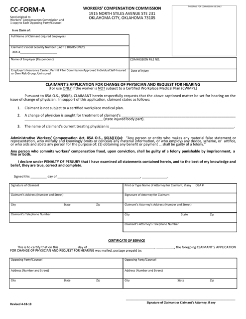 CC- Form A Claimant's Application for Change of Physician and Request for Hearing - Oklahoma