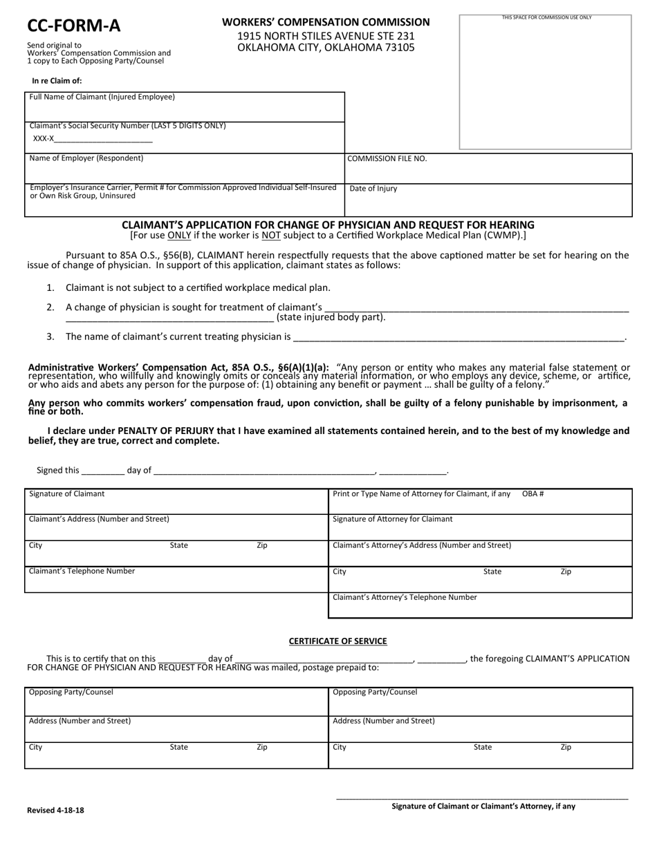 CC- Form A Claimants Application for Change of Physician and Request for Hearing - Oklahoma, Page 1