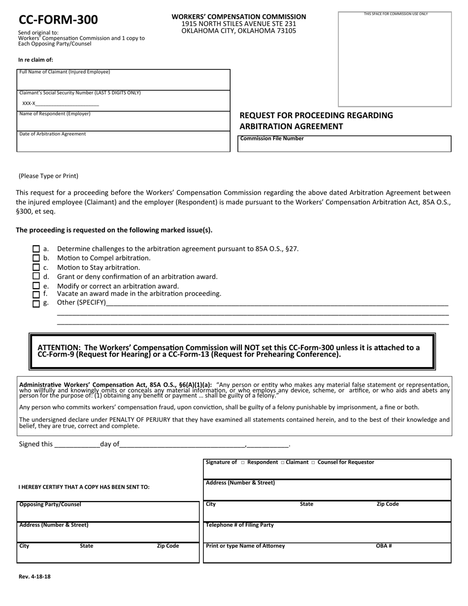 CC- Form 300 Request for Proceeding Regarding Arbitration Agreement - Oklahoma, Page 1