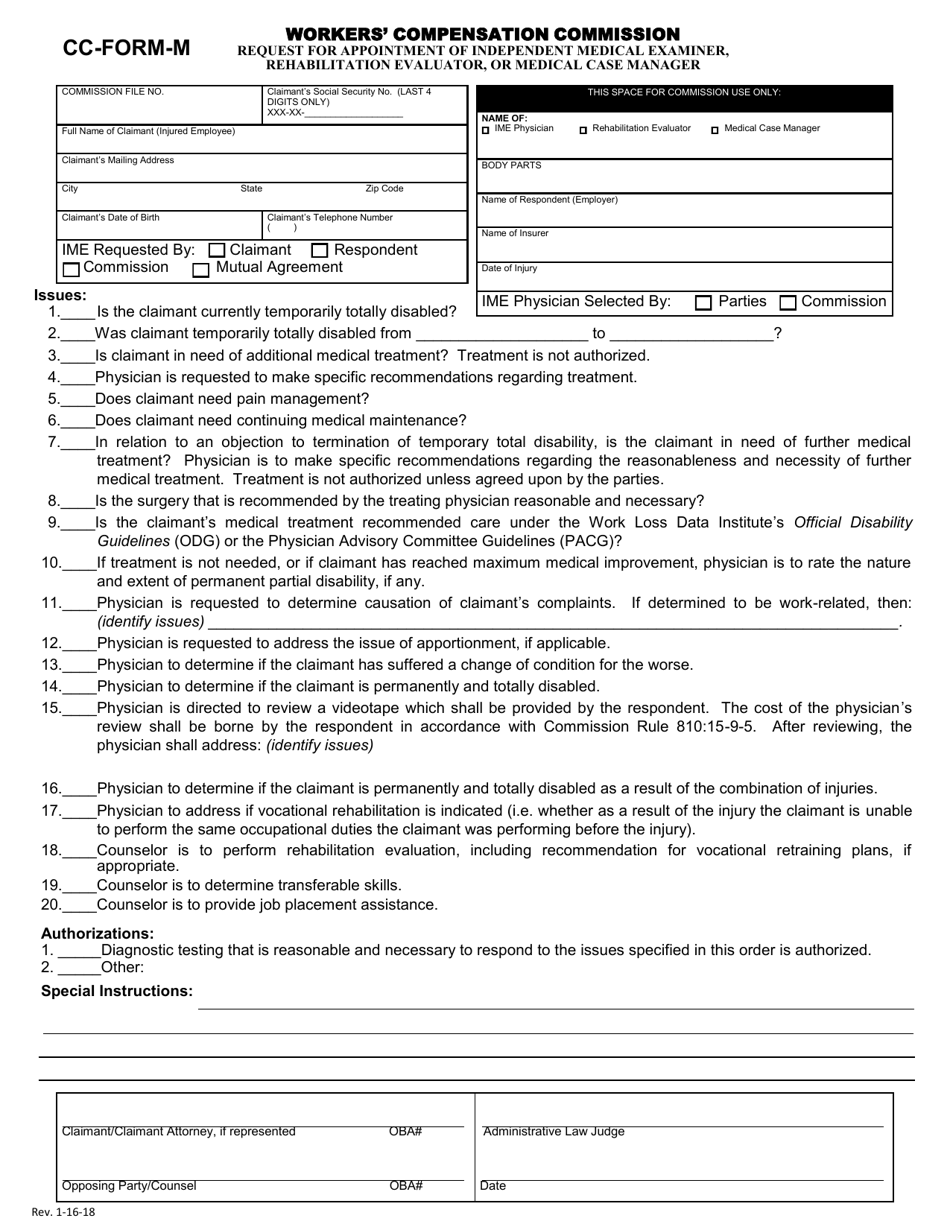 CC- Form M Request for Appointment of Independent Medical Examiner, Rehabilitation Evaluator, or Medical Case Manager - Oklahoma, Page 1