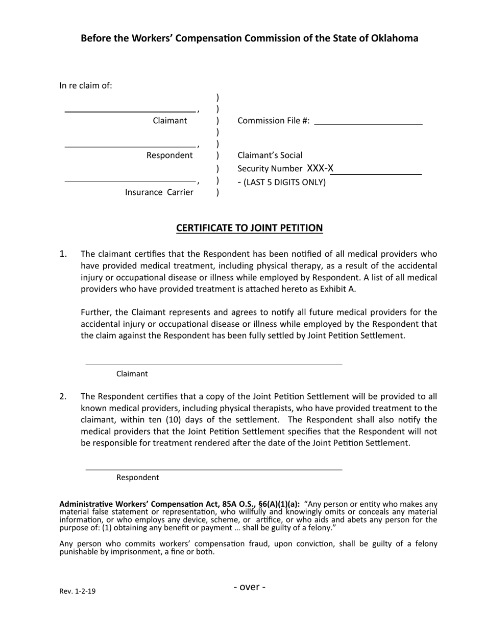 Joint Petition Certificate Form - Oklahoma, Page 1