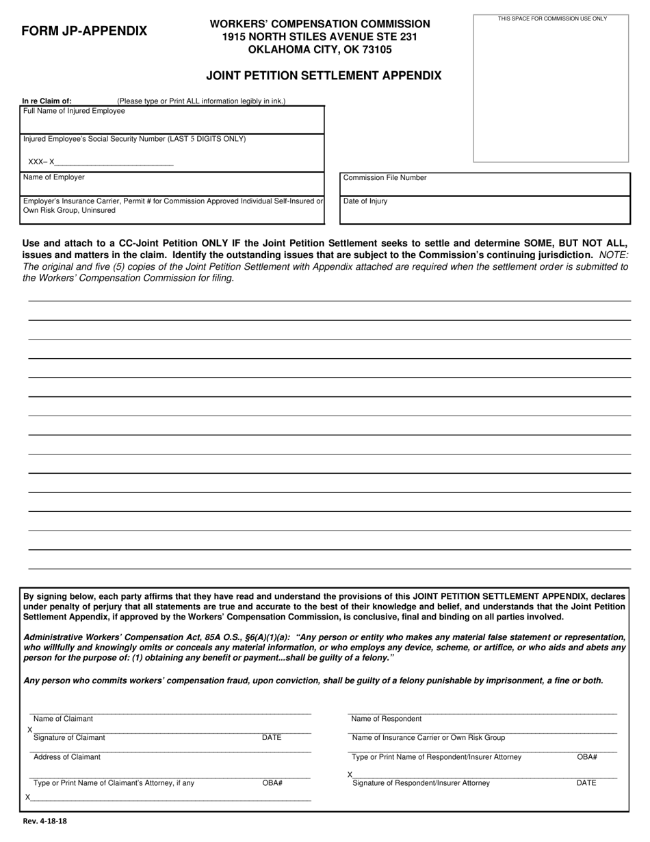 Form JP-APPENDIX Joint Petition Settlement Appendix - Oklahoma, Page 1