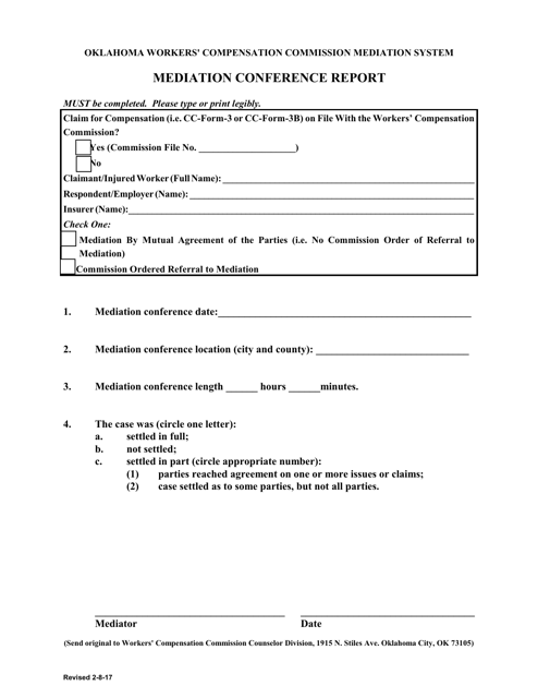 Mediation Conference Report Form - Oklahoma Download Pdf