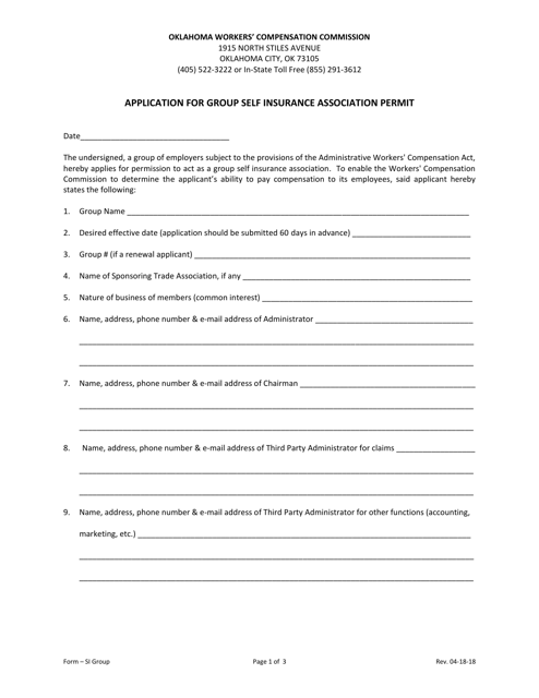 Form SI GROUP Application for Group Self Insurance Association Permit - Oklahoma