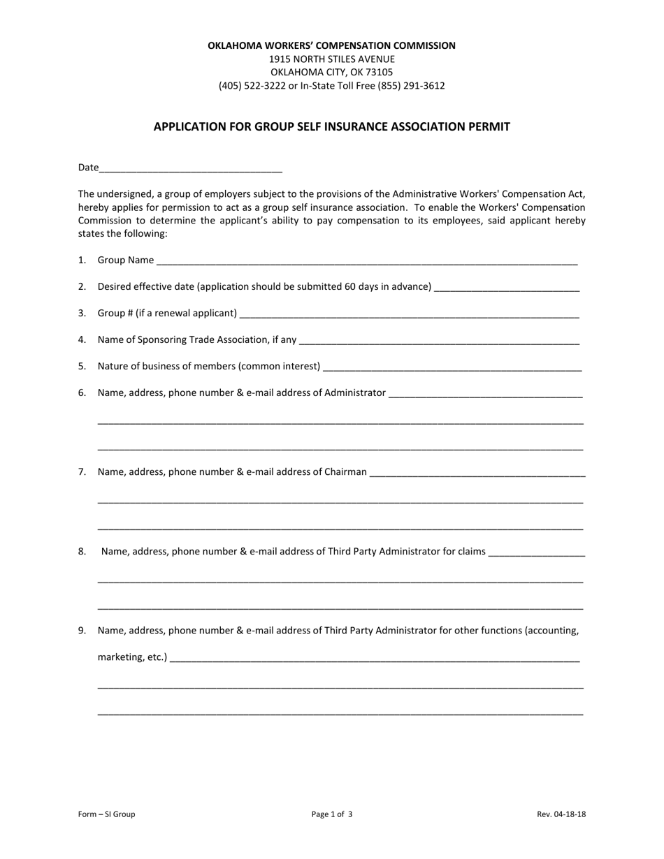Form SI GROUP Application for Group Self Insurance Association Permit - Oklahoma, Page 1