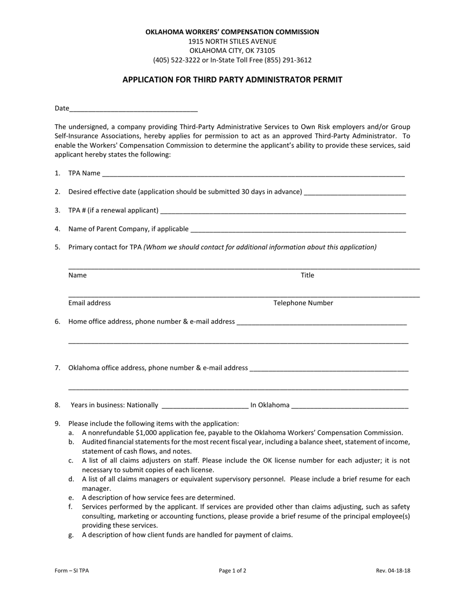 Form SI TPA Application for Third Party Administrator Permit - Oklahoma, Page 1