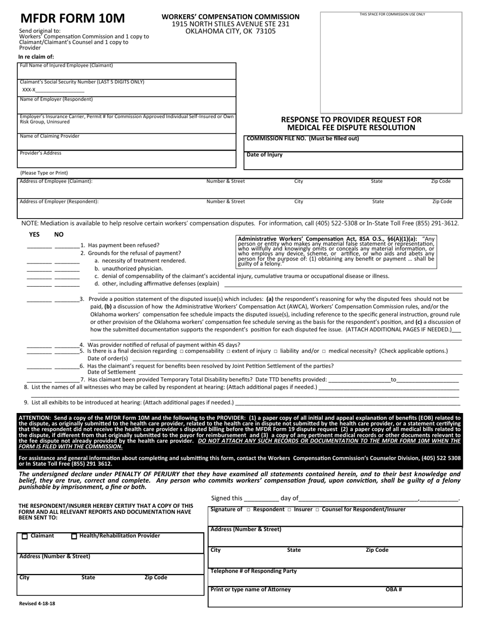 MFDR Form 10M Response to Provider Request for Medical Fee Dispute Resolution - Oklahoma, Page 1