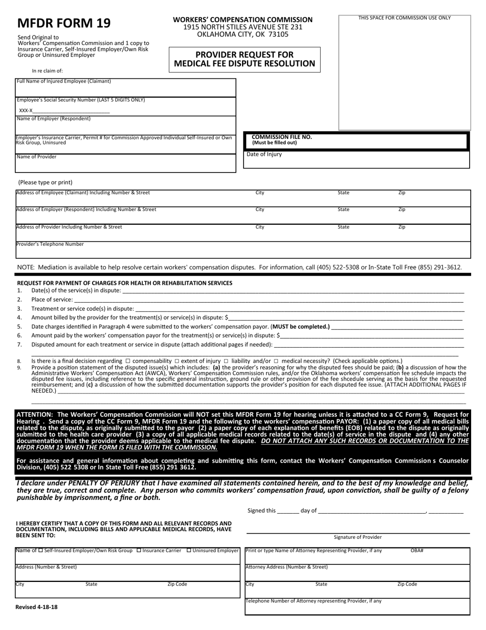 MFDR Form 19 Provider Request for Medical Fee Dispute Resolution - Oklahoma, Page 1