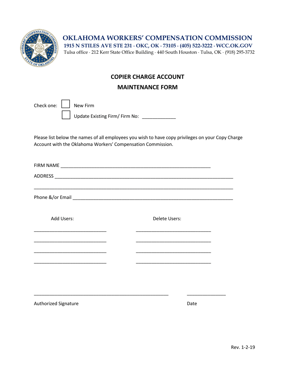 Copier Charge Account Maintenance Form - Oklahoma, Page 1