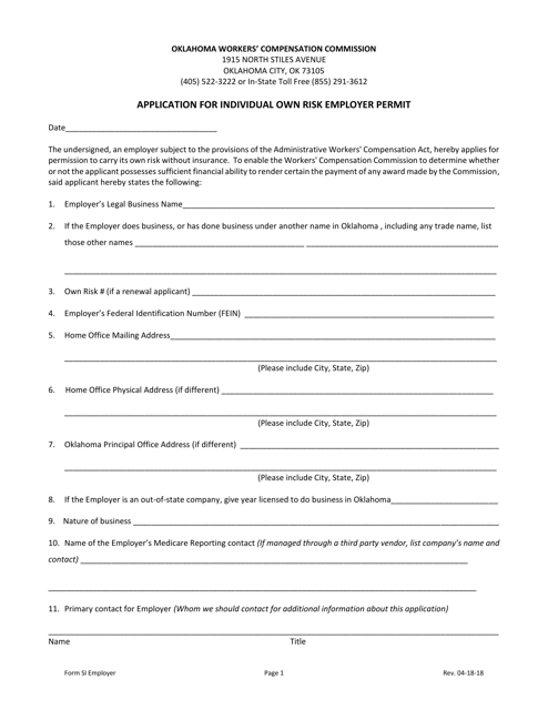 Form SI EMPLOYER Application for Individual Own Risk Employer Permit - Oklahoma