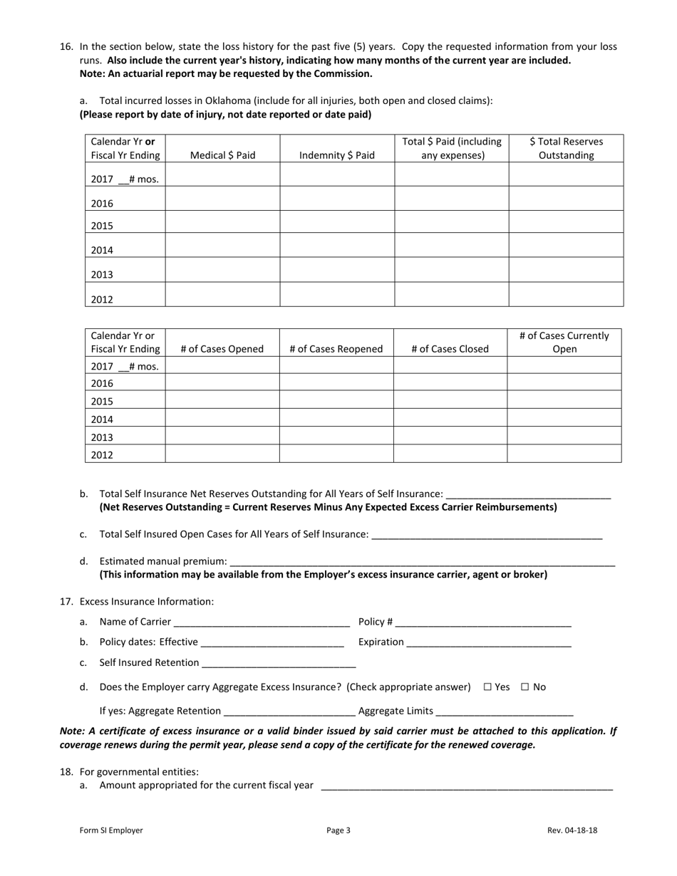 Form SI EMPLOYER Application for Individual Own Risk Employer Permit - Oklahoma, Page 3