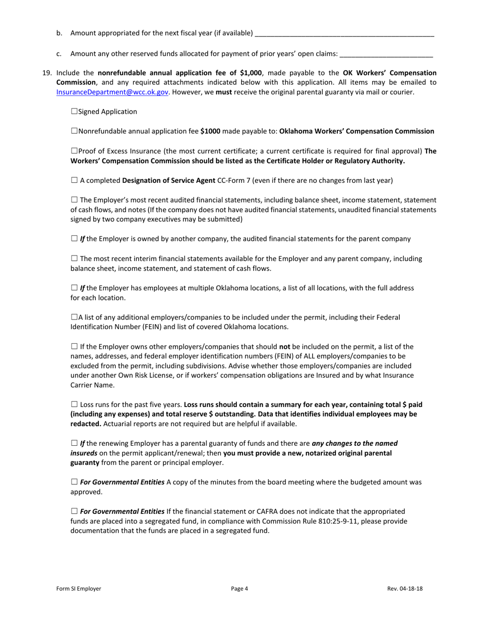 Form SI EMPLOYER Application for Individual Own Risk Employer Permit - Oklahoma, Page 4