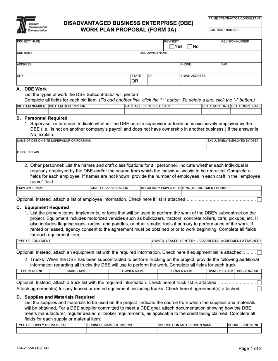 Form 3A (734-2165A) Disadvantaged Business Enterprise (Dbe) Work Plan Proposal - Oregon, Page 1