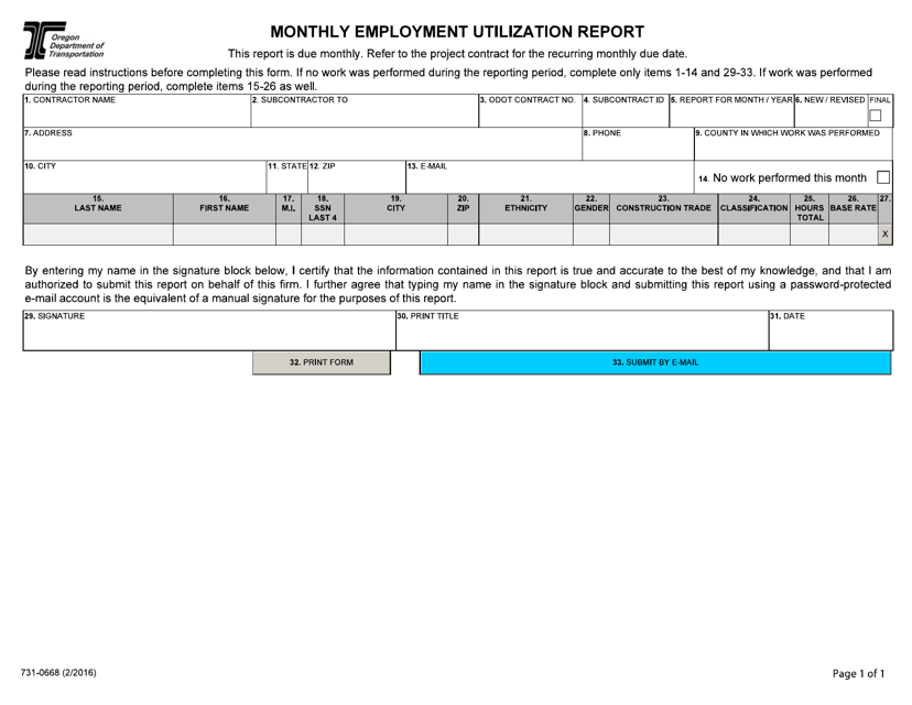 Form 731-0668 Monthly Employment Utilization Report - Oregon