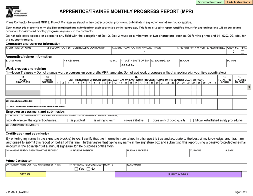 Form 734-2879 Apprentice/Trainee Monthly Progress Report (Mpr) - Oregon