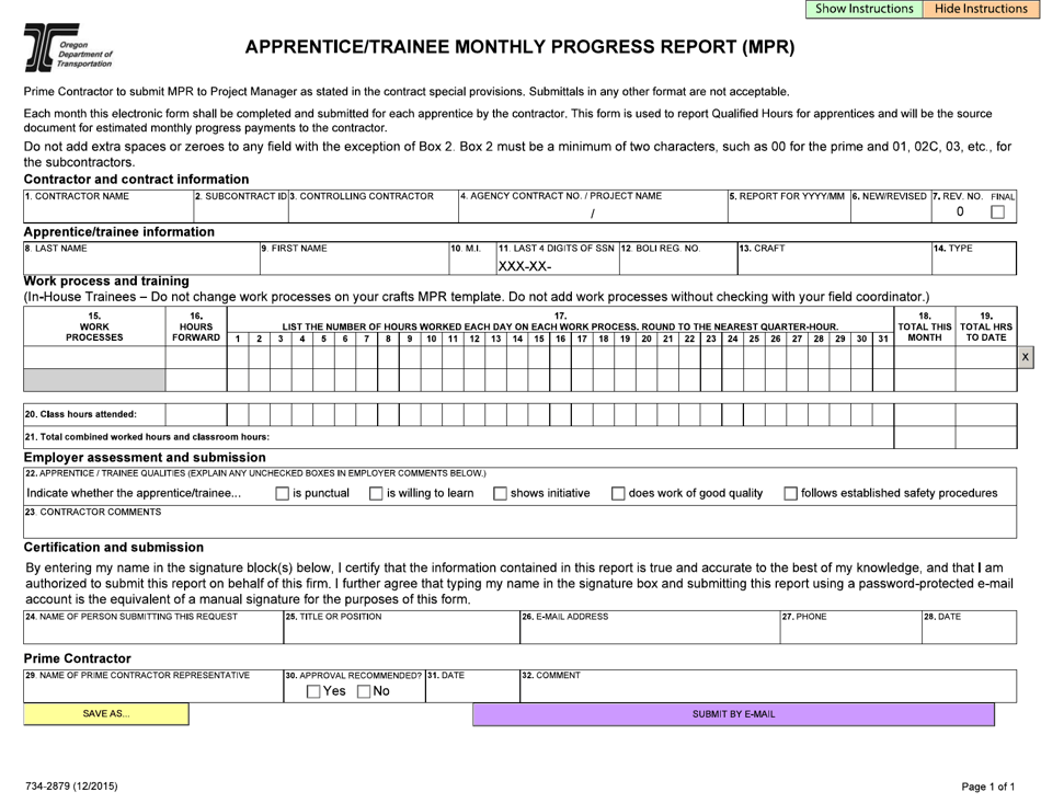 Form 734-2879 Apprentice / Trainee Monthly Progress Report (Mpr) - Oregon, Page 1