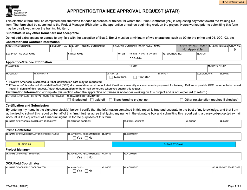 Form 734-2878 Apprentice / Trainee Approval Request (Atar) - Oregon, Page 1