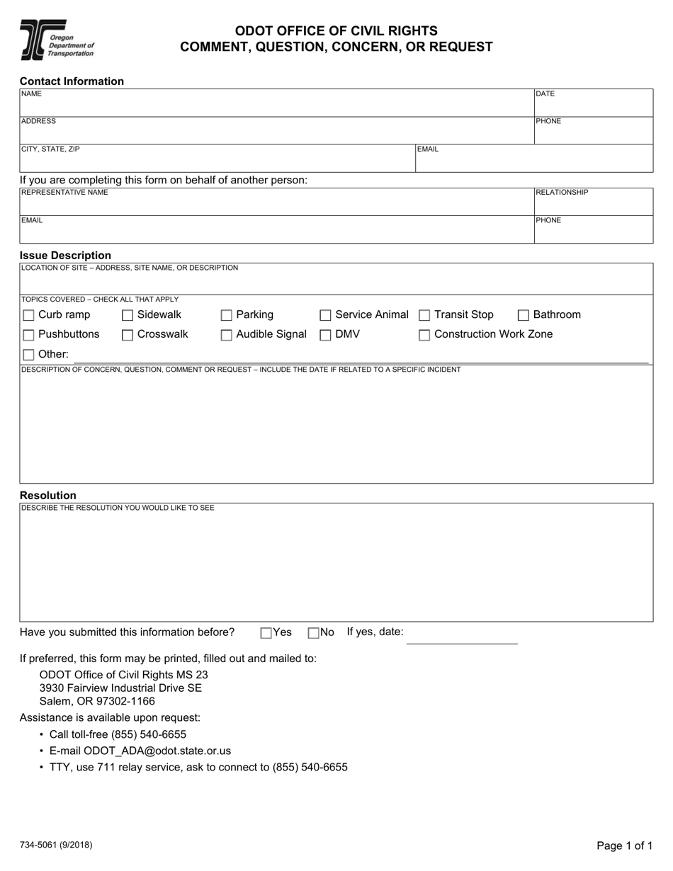 Form 734-5061 Comment, Question, Concern, or Request - Oregon, Page 1