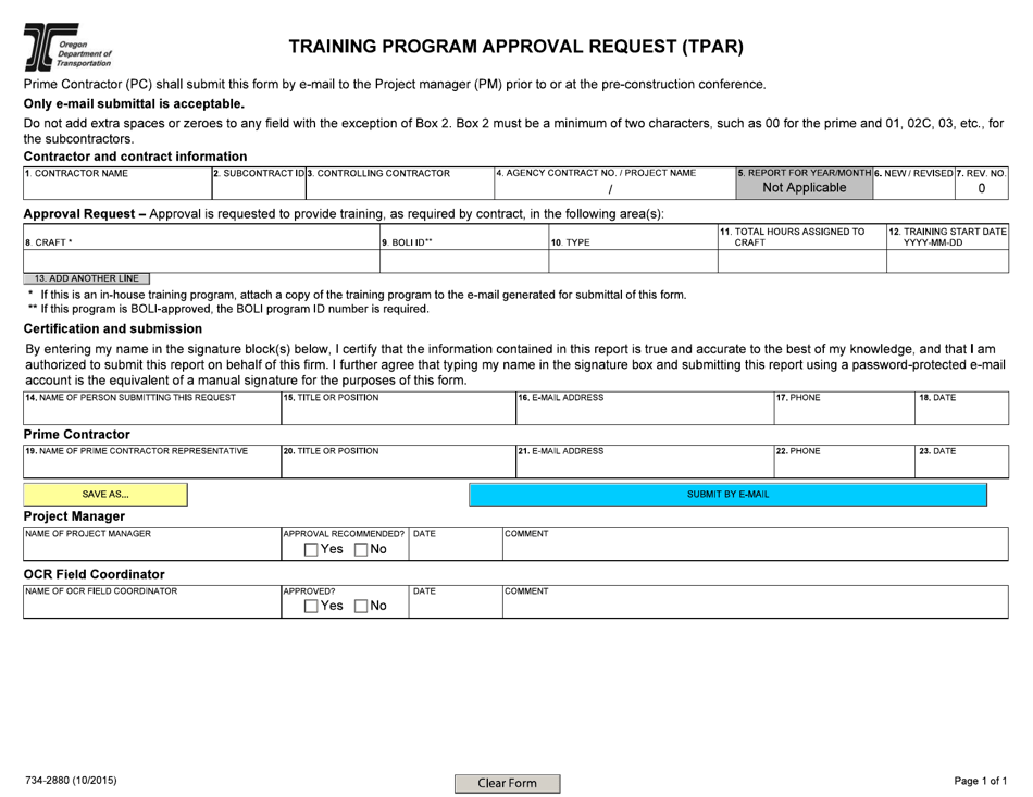 Form 734-2880 Training Program Approval Request (Trap) - Oregon, Page 1