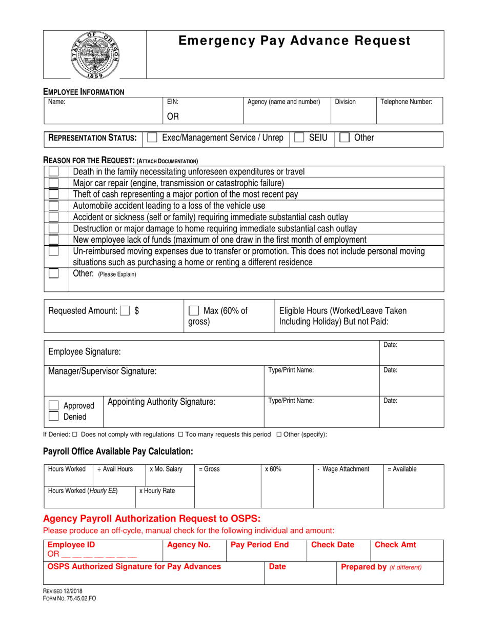 Form 75.45.02.FO Emergency Pay Advance Request - Oregon, Page 1