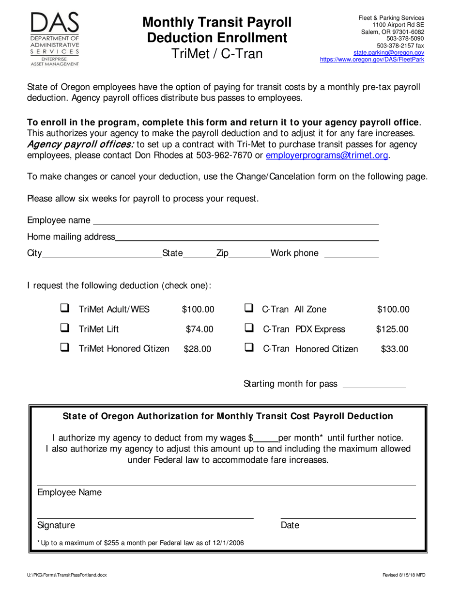 Oregon Monthly Transit Payroll Deduction Enrollment Trimet/CTran